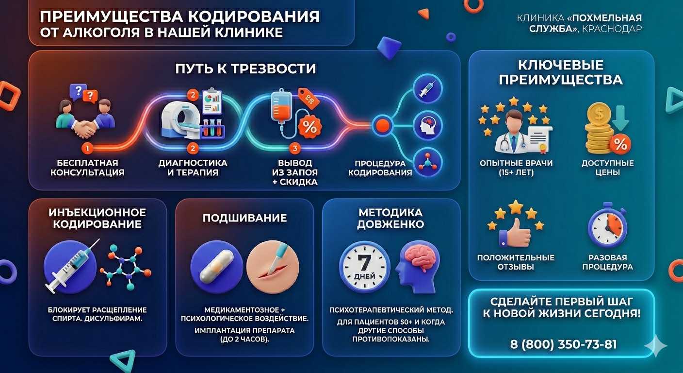 Инфографика о методах кодирования от алкоголя в Новомосковске: инъекции, подшивание, метод Довженко. Преимущества клиники и этапы лечения.