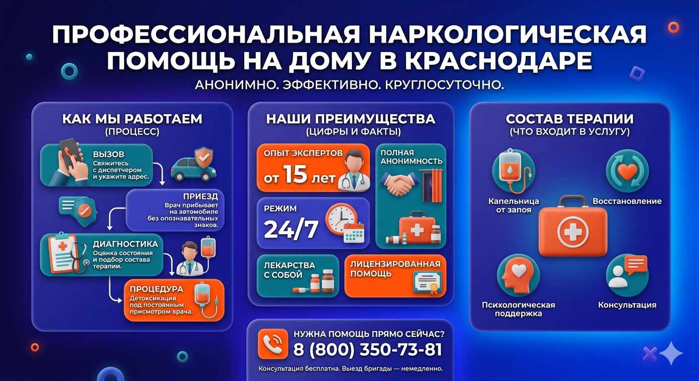 Инфографика о принципах лечения алкоголизма на дому в Новомосковске: этапы вызова нарколога, преимущества анонимной детоксикации и состав медицинской помощи.